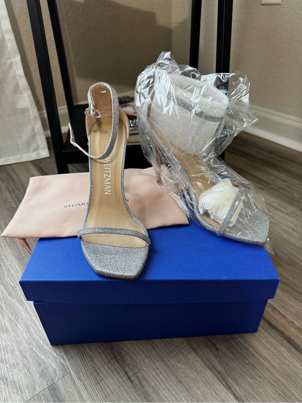 Stuart Weitzman Glitter Silver Ankle Strap Sandals